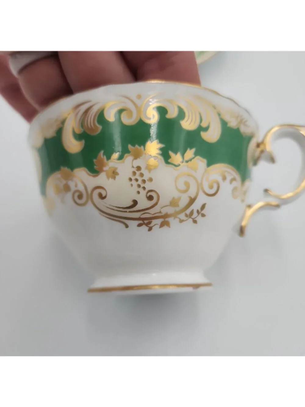 Crown Staffordshire Fine Bone China Tea Cup & Saucer Green Gold Trim